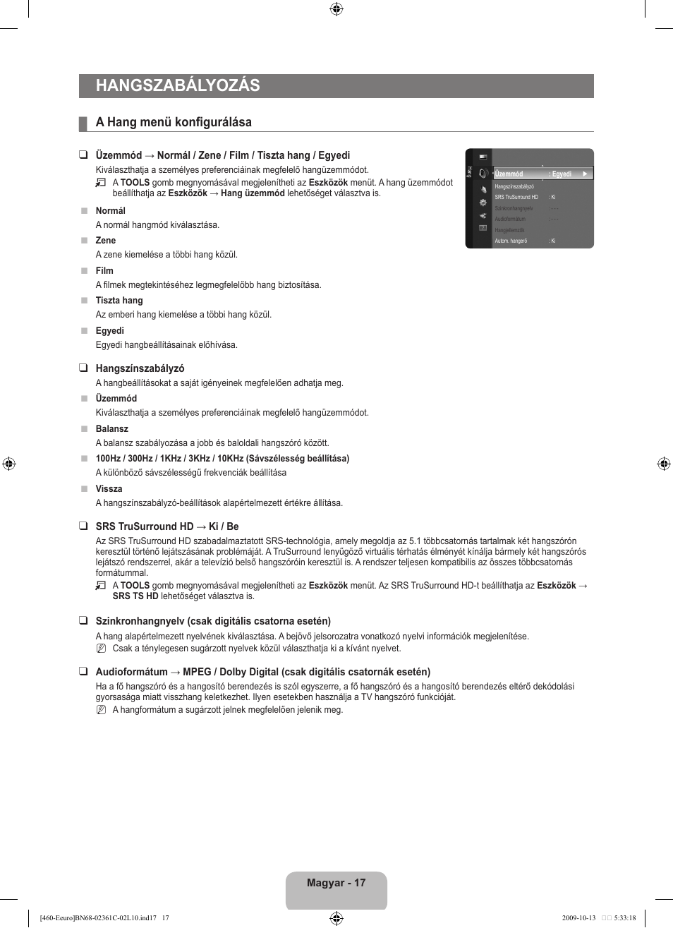 Hangszabályozás, A hang menü konfigurálása | Samsung LE32B460B2W User Manual | Page 51 / 328