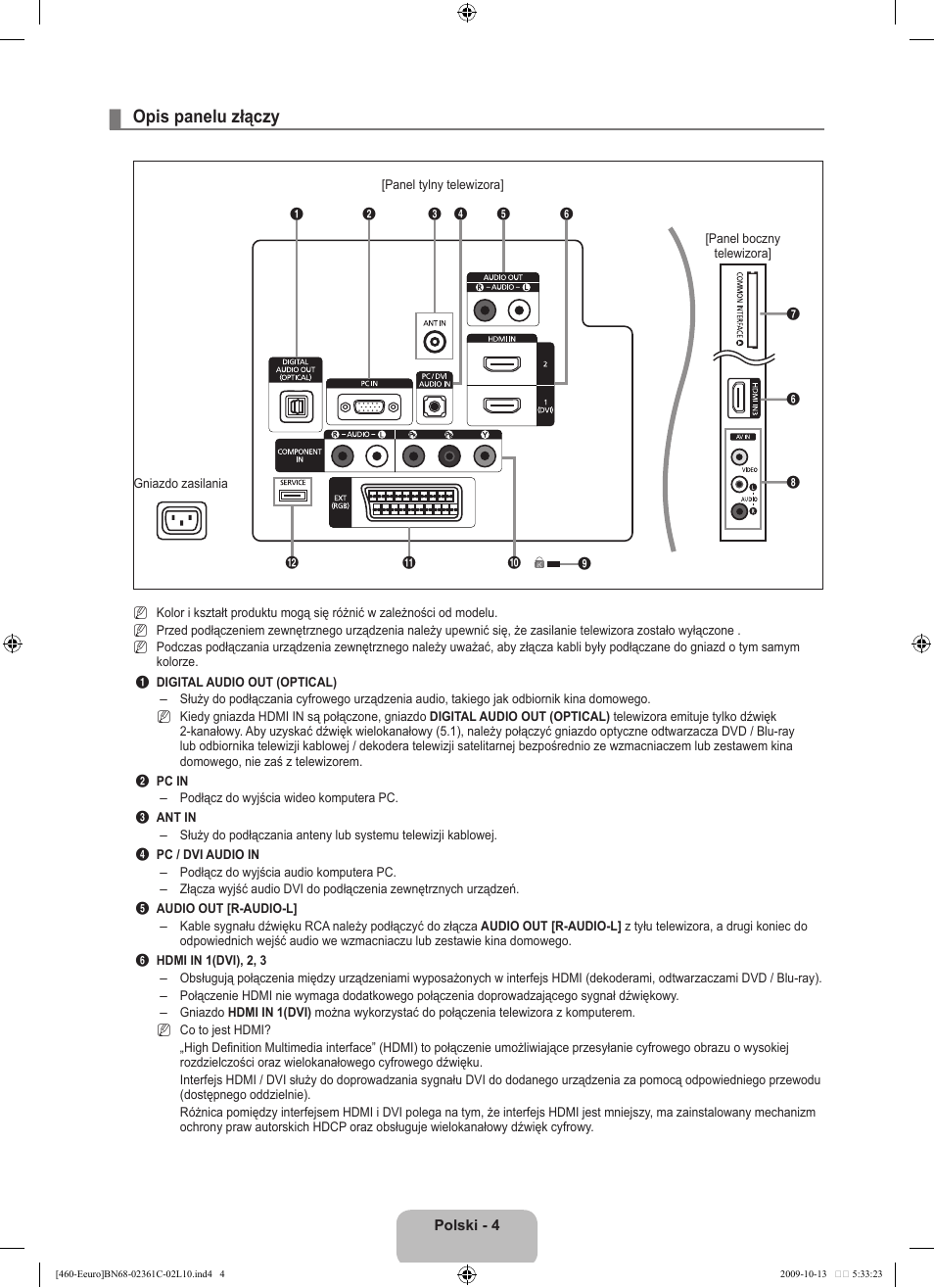 Opis panelu złączy | Samsung LE32B460B2W User Manual | Page 70 / 328