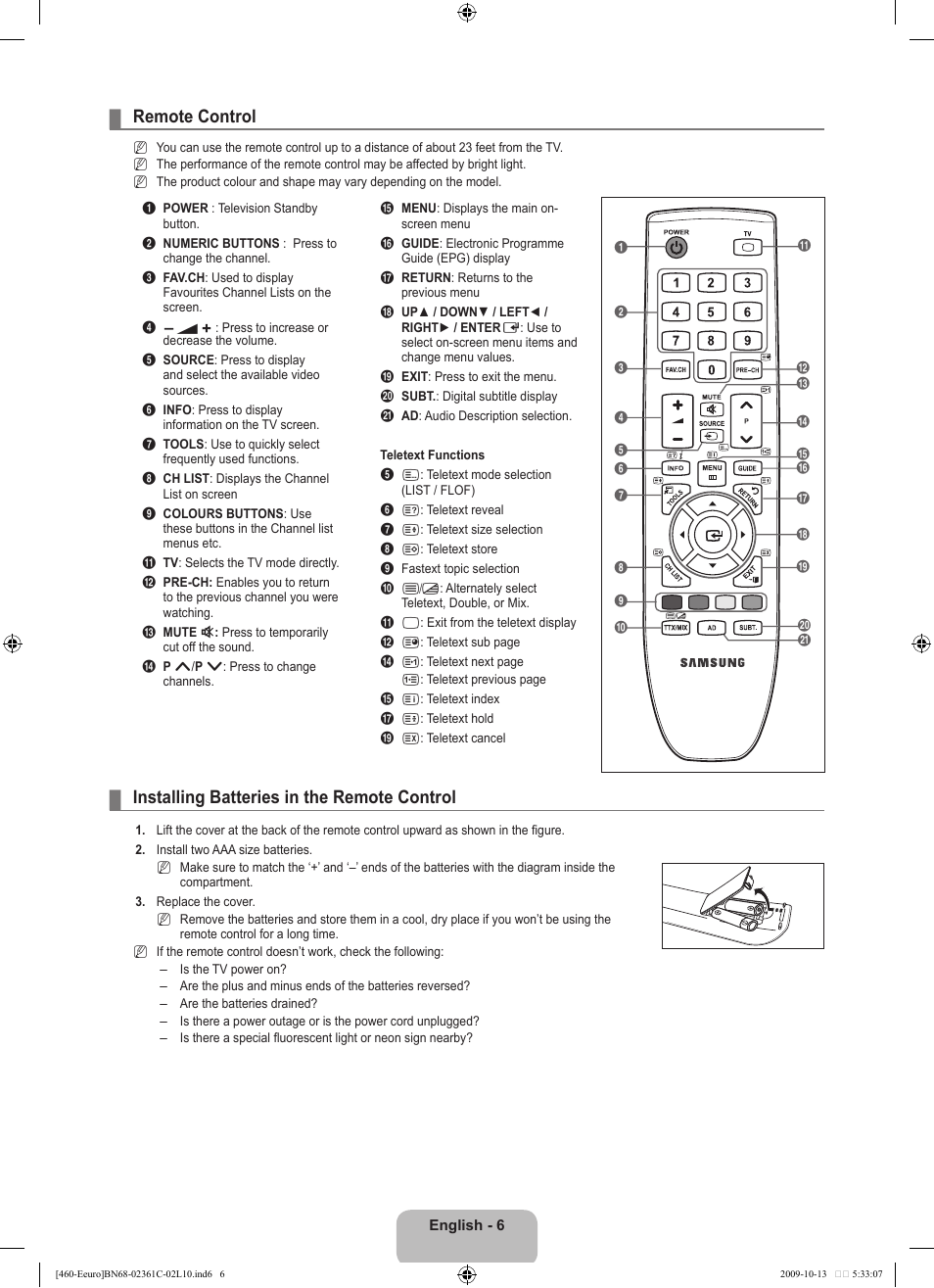 Remote control, Installing batteries in the remote control | Samsung LE32B460B2W User Manual | Page 8 / 328