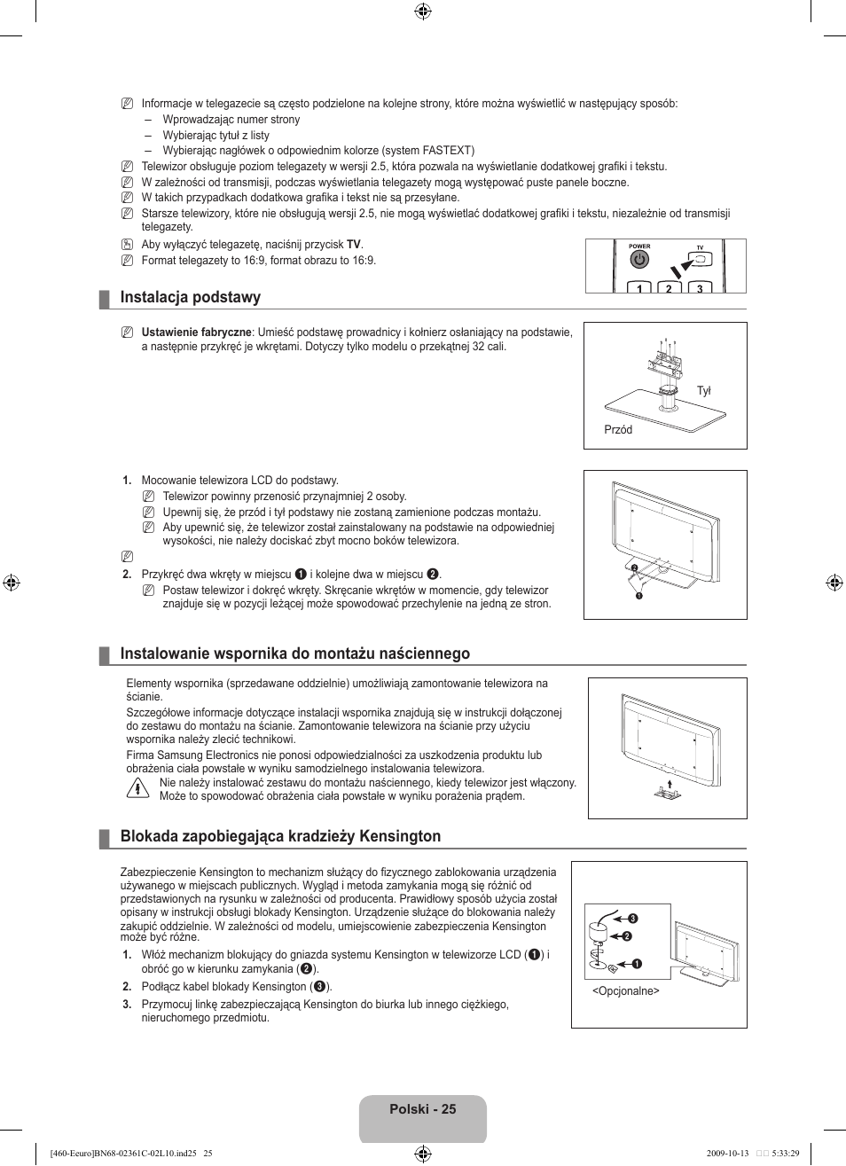 Instalacja podstawy, Instalowanie wspornika do montażu naściennego, Blokada zapobiegająca kradzieży kensington | Samsung LE32B460B2W User Manual | Page 91 / 328