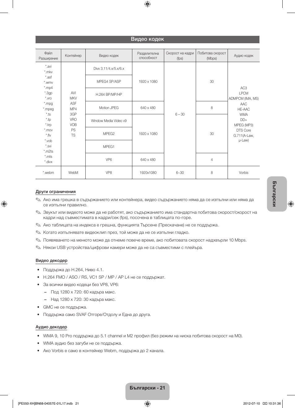 Видео кодек | Samsung PS51E550D1W User Manual | Page 109 / 374