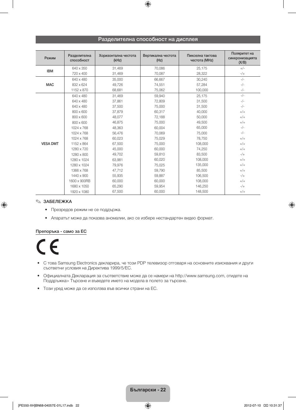 Разделителна способност на дисплея | Samsung PS51E550D1W User Manual | Page 110 / 374