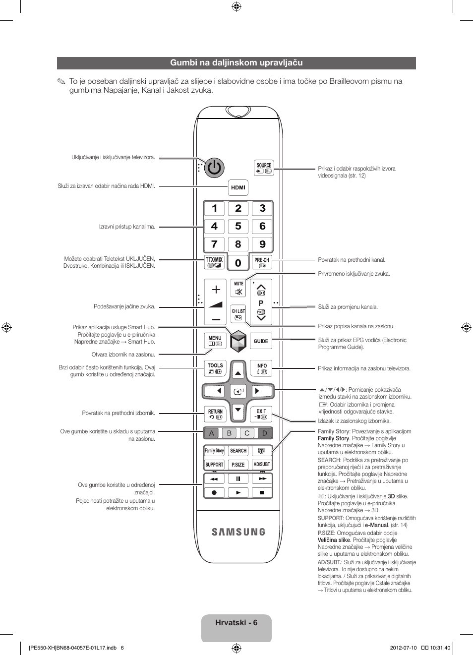 Gumbi na daljinskom upravljaču | Samsung PS51E550D1W User Manual | Page 116 / 374