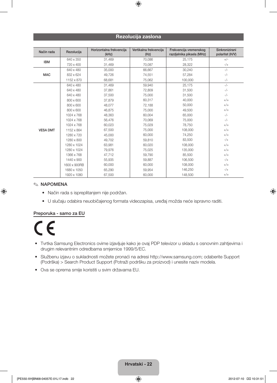 Rezolucija zaslona | Samsung PS51E550D1W User Manual | Page 132 / 374