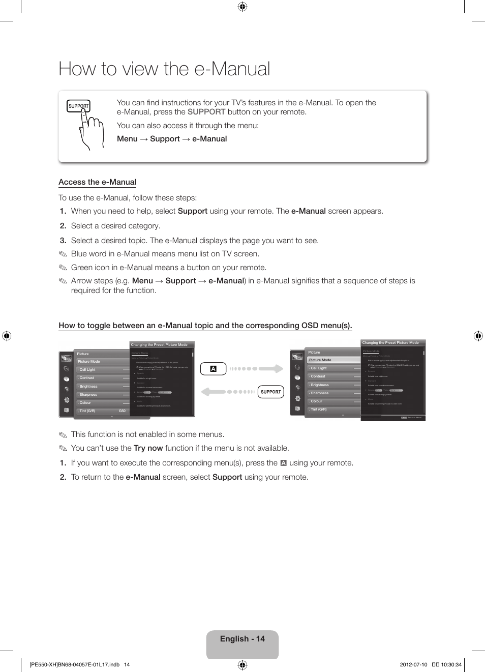 How to view the e-manual, English - 14, Blue word in e-manual means menu list on tv screen | This function is not enabled in some menus | Samsung PS51E550D1W User Manual | Page 14 / 374