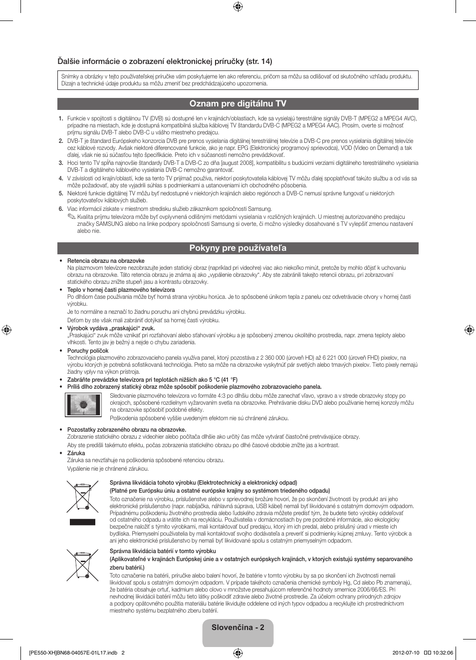 Oznam pre digitálnu tv, Pokyny pre používateľa | Samsung PS51E550D1W User Manual | Page 156 / 374