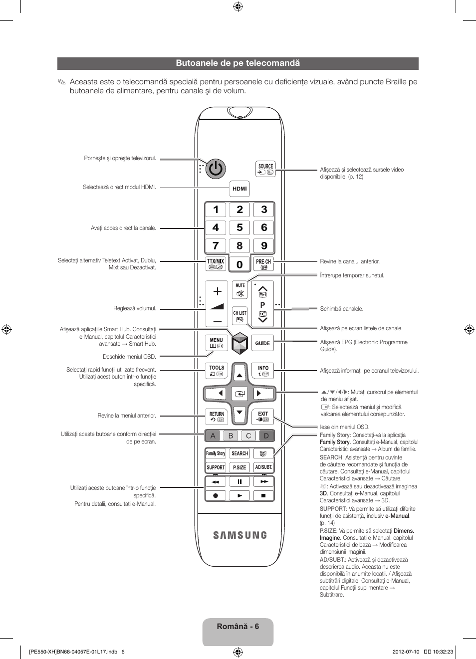 Butoanele de pe telecomandă | Samsung PS51E550D1W User Manual | Page 182 / 374