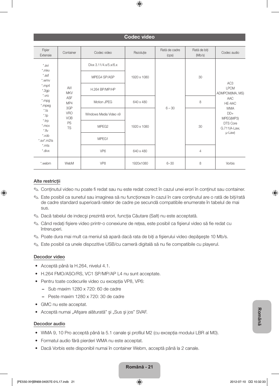 Codec video | Samsung PS51E550D1W User Manual | Page 197 / 374