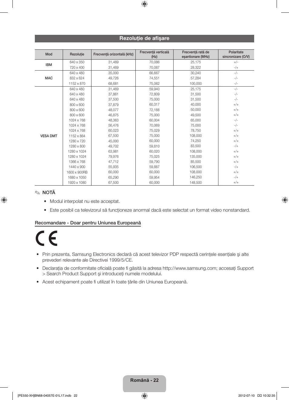 Rezoluţie de afişare | Samsung PS51E550D1W User Manual | Page 198 / 374