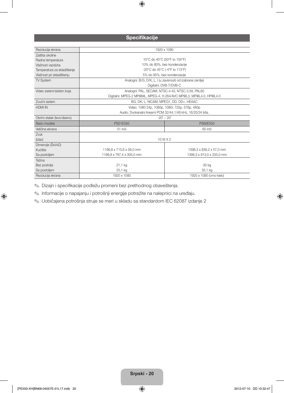 Specifikacije | Samsung PS51E550D1W User Manual | Page 218 / 374