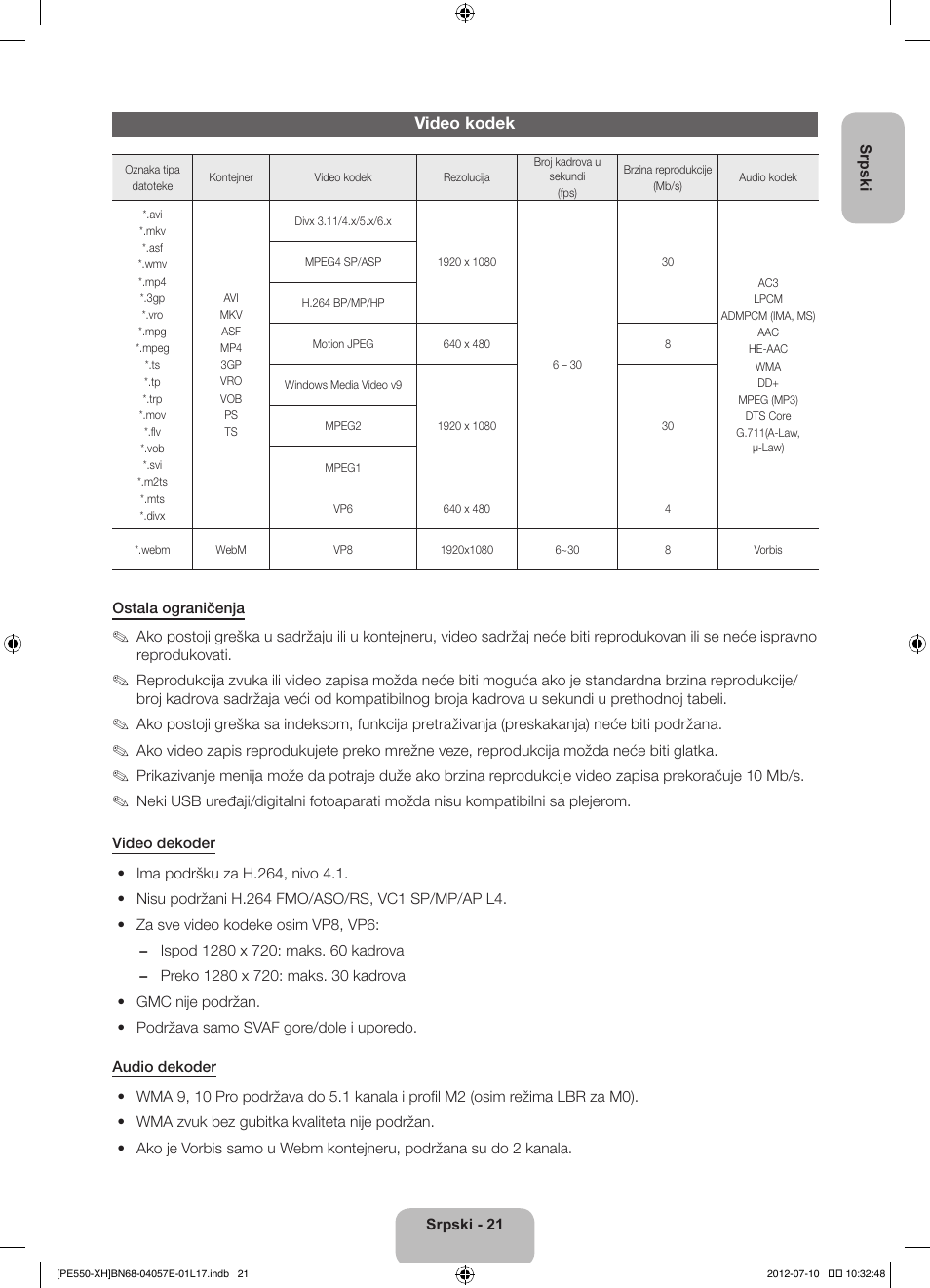 Video kodek | Samsung PS51E550D1W User Manual | Page 219 / 374