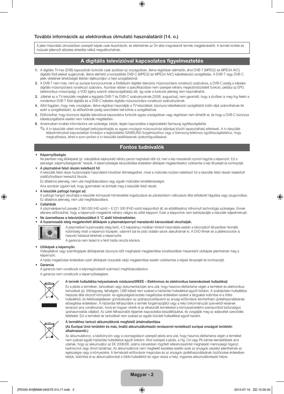 Fontos tudnivalók | Samsung PS51E550D1W User Manual | Page 24 / 374