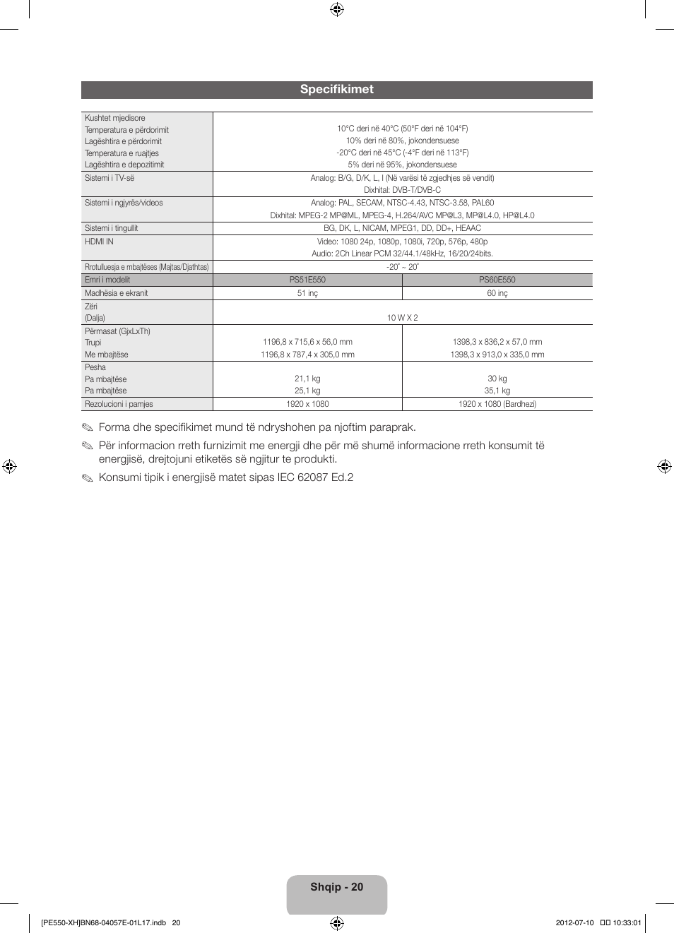 Specifikimet | Samsung PS51E550D1W User Manual | Page 240 / 374