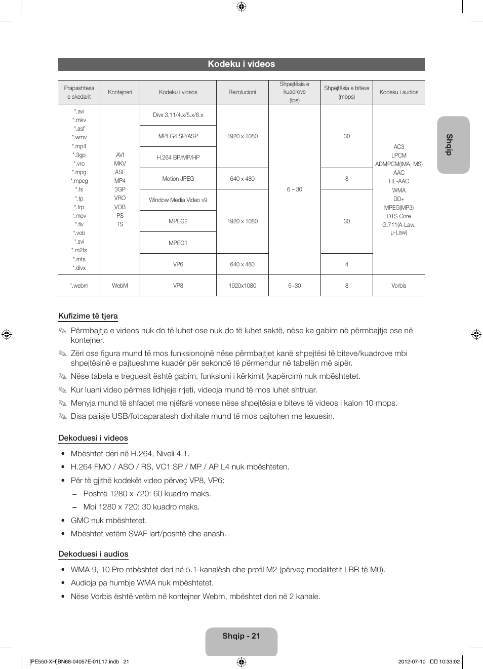 Kodeku i videos | Samsung PS51E550D1W User Manual | Page 241 / 374