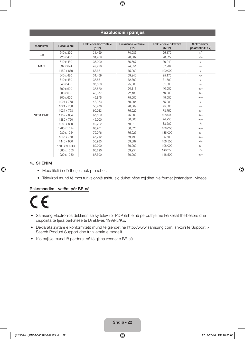 Rezolucioni i pamjes | Samsung PS51E550D1W User Manual | Page 242 / 374