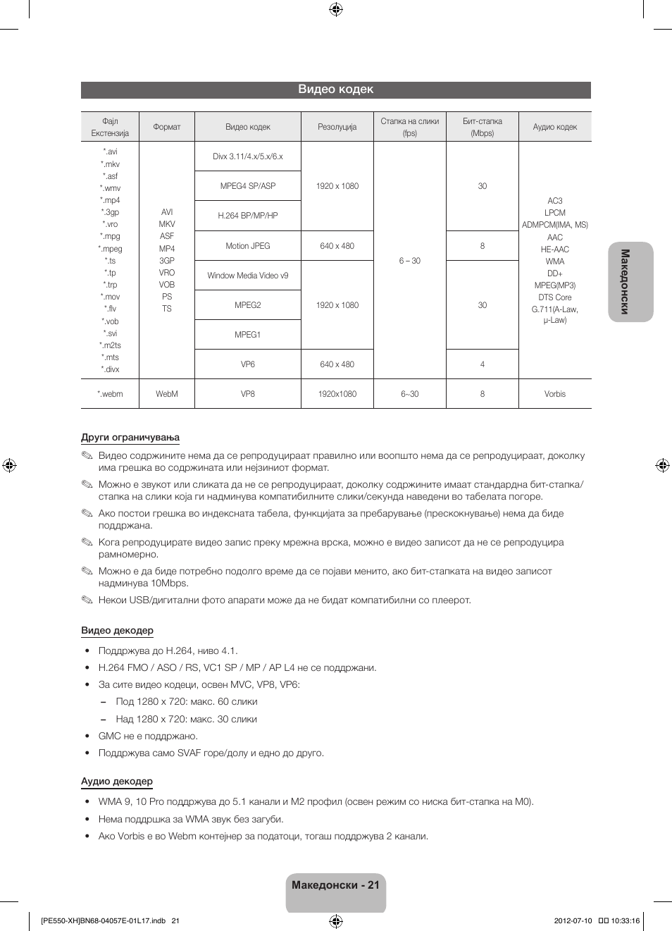 Видео кодек | Samsung PS51E550D1W User Manual | Page 263 / 374