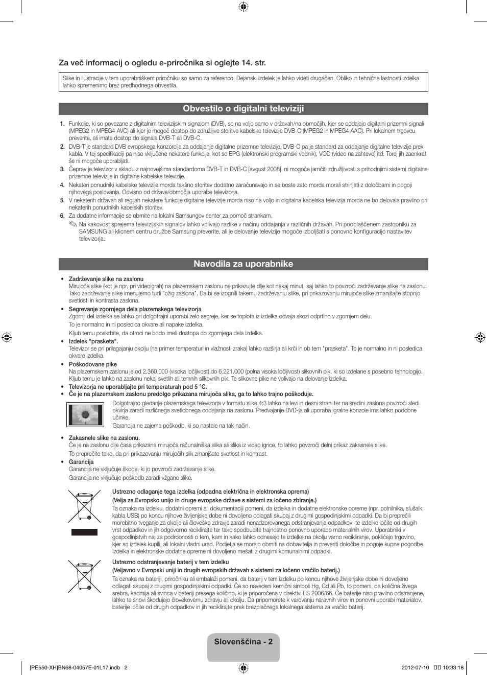 Obvestilo o digitalni televiziji, Navodila za uporabnike | Samsung PS51E550D1W User Manual | Page 266 / 374