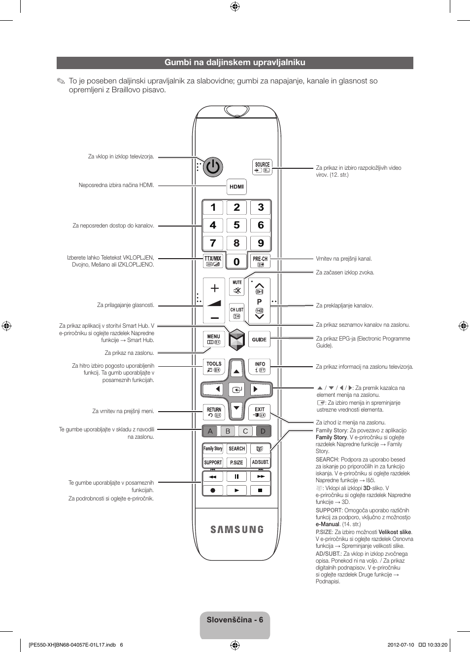 Gumbi na daljinskem upravljalniku | Samsung PS51E550D1W User Manual | Page 270 / 374