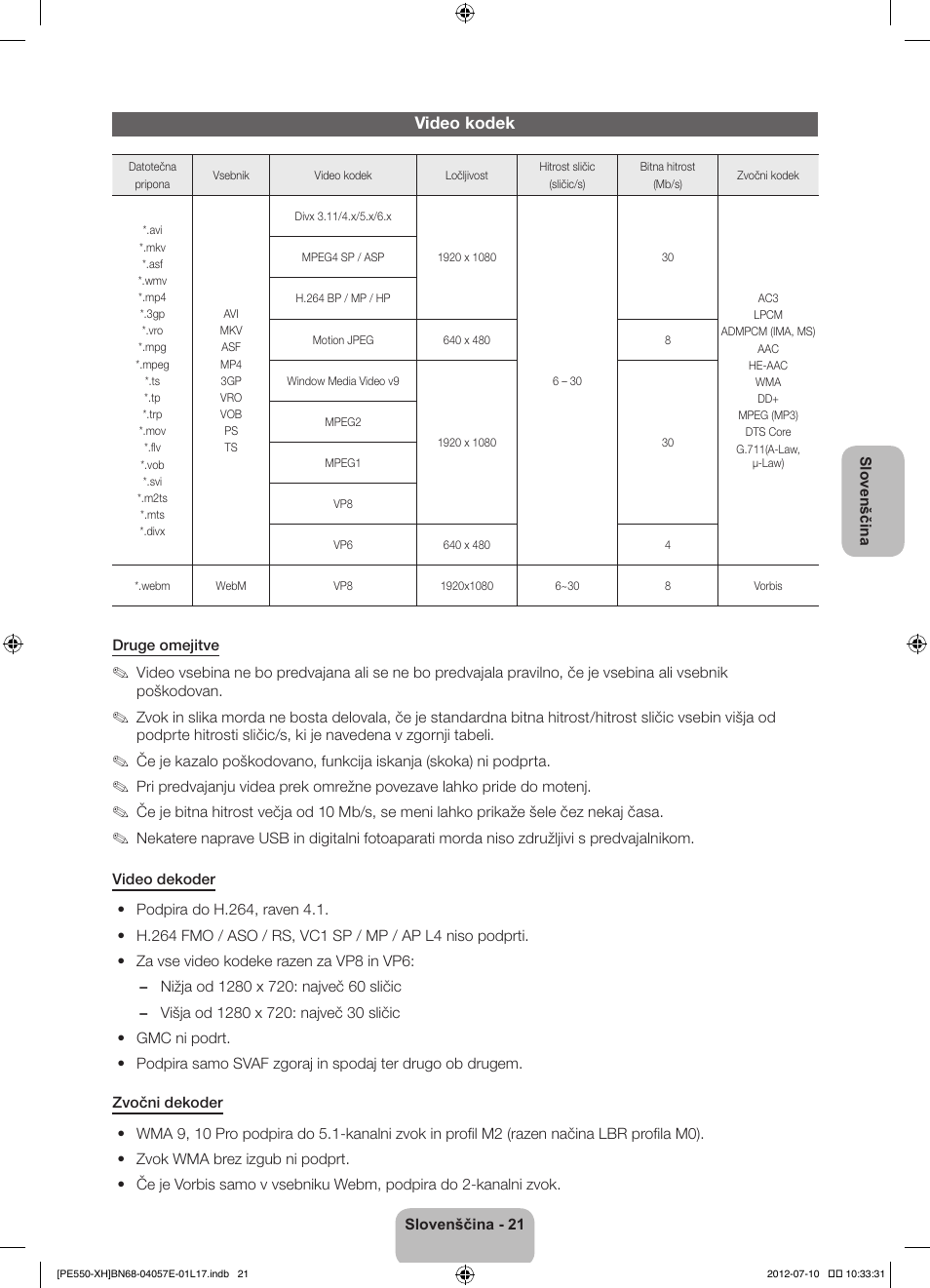 Video kodek | Samsung PS51E550D1W User Manual | Page 285 / 374