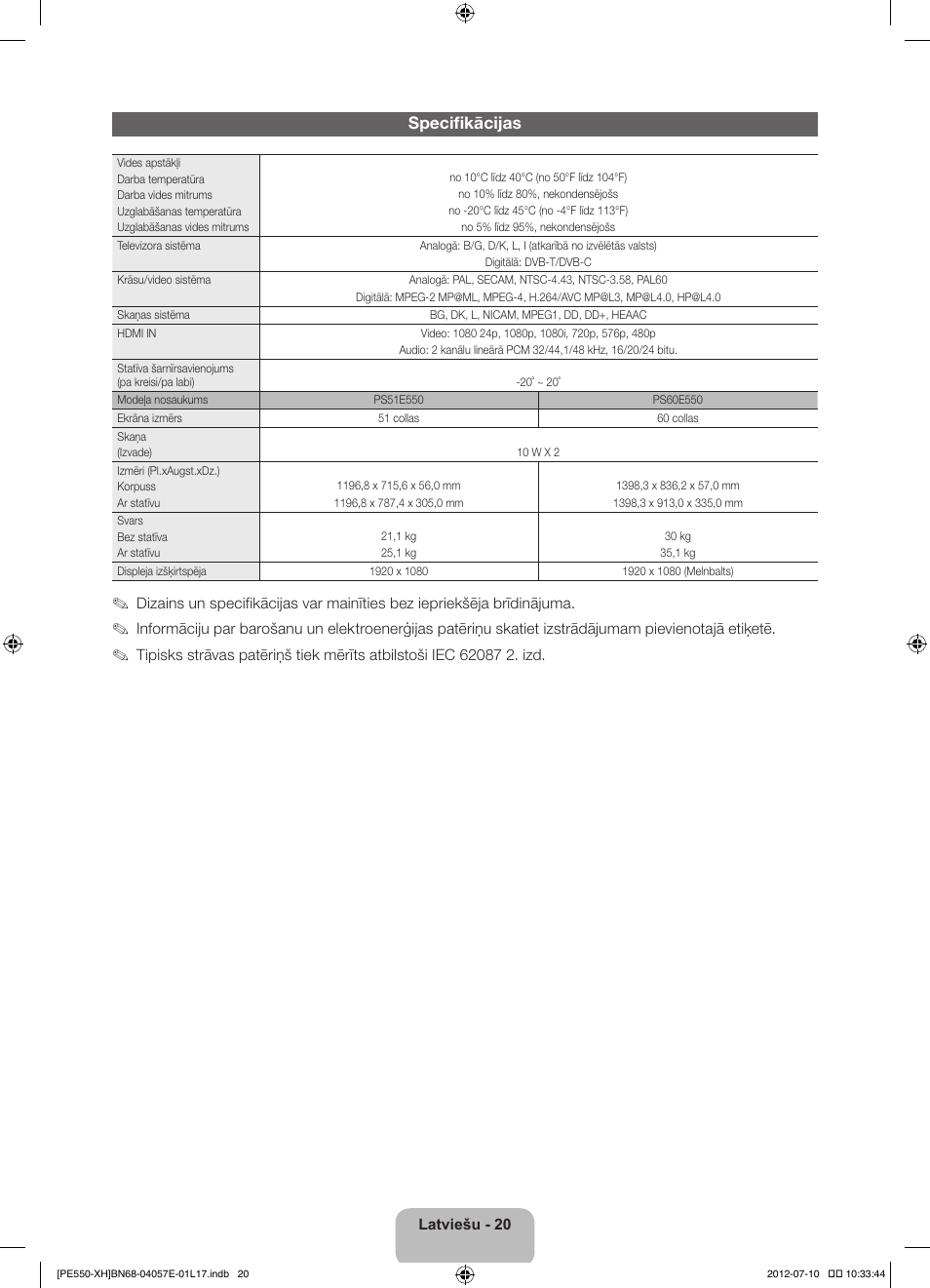 Specifikācijas | Samsung PS51E550D1W User Manual | Page 306 / 374