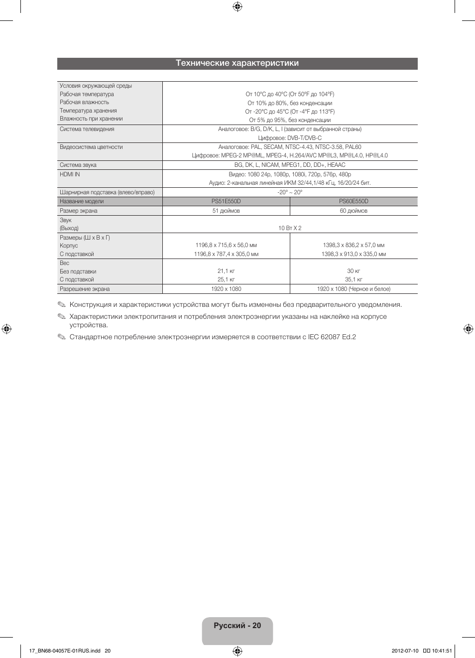 Технические характеристики | Samsung PS51E550D1W User Manual | Page 372 / 374