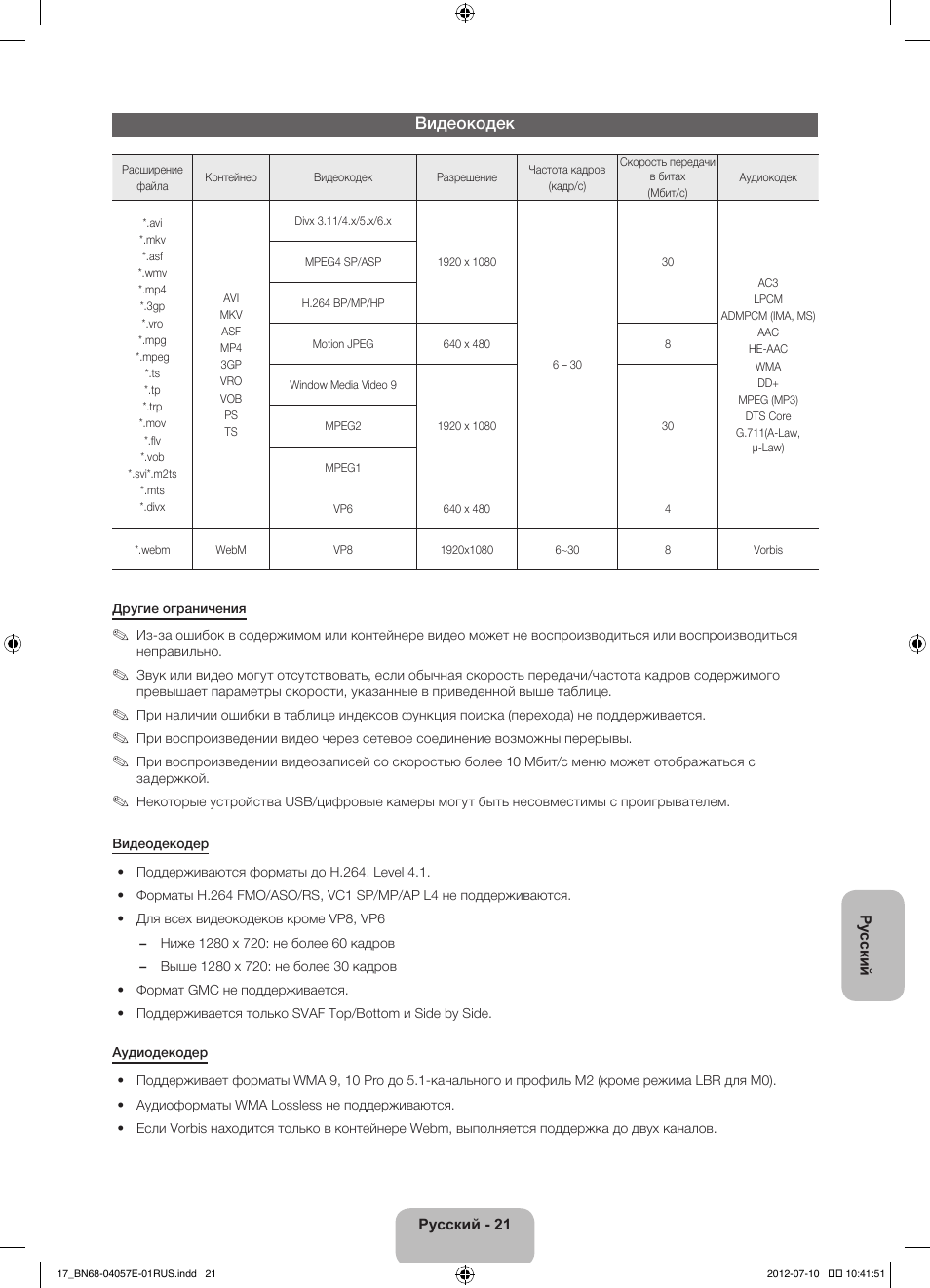 Видеокодек | Samsung PS51E550D1W User Manual | Page 373 / 374