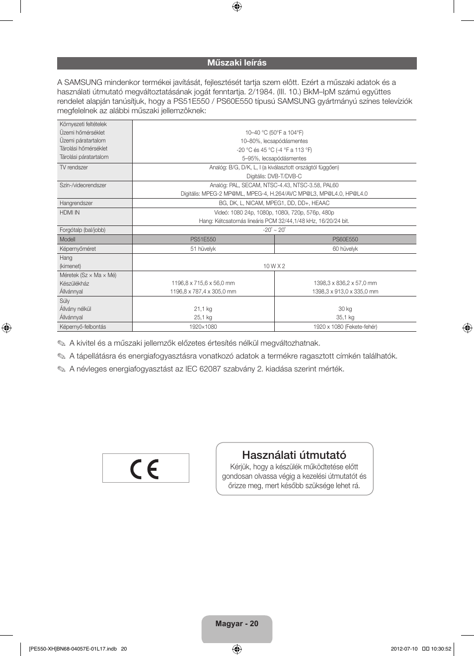 Használati útmutató, Műszaki leírás | Samsung PS51E550D1W User Manual | Page 42 / 374