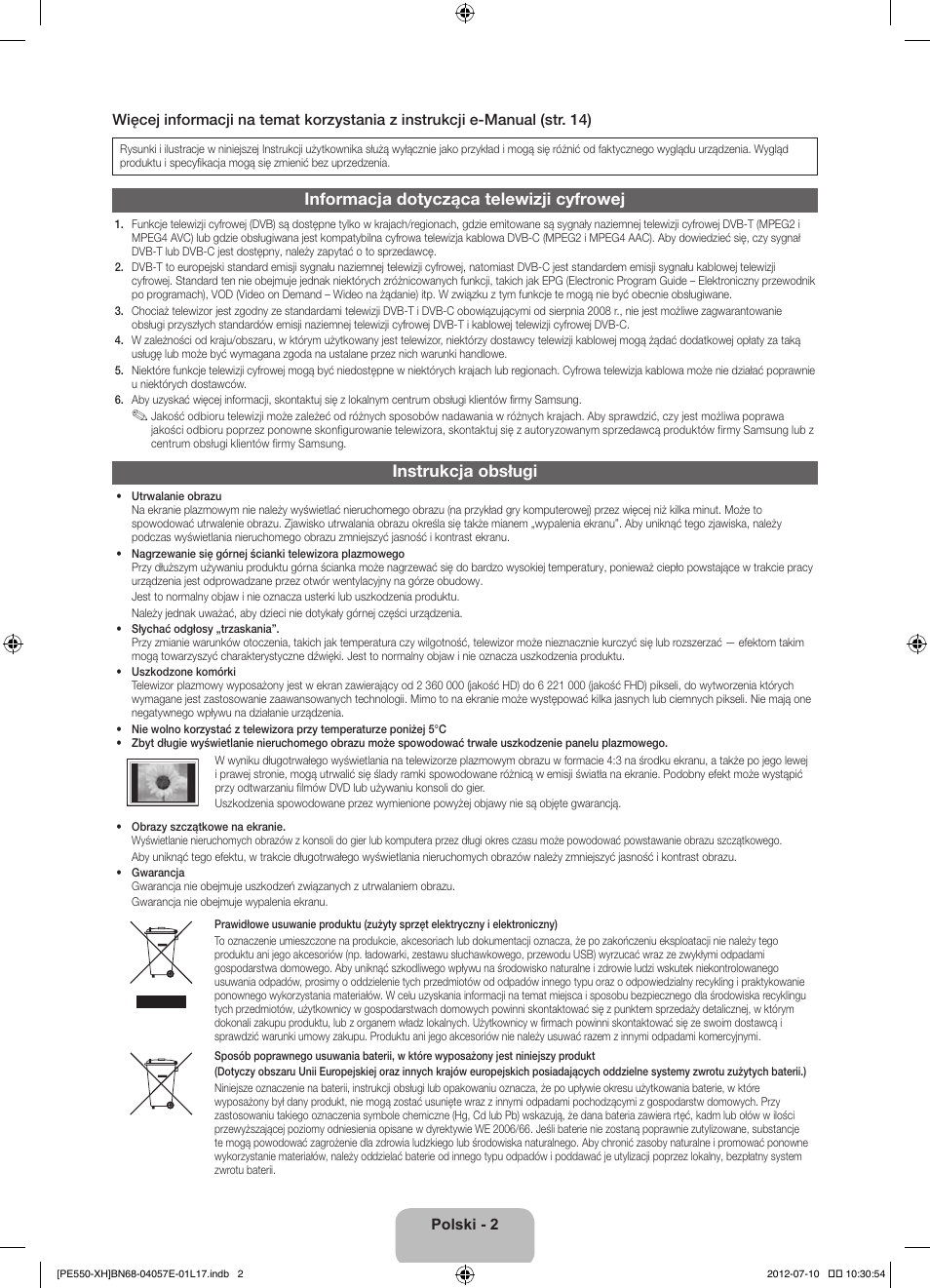 Informacja dotycząca telewizji cyfrowej, Instrukcja obsługi | Samsung PS51E550D1W User Manual | Page 46 / 374