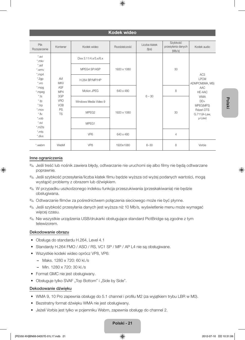 Kodek wideo | Samsung PS51E550D1W User Manual | Page 65 / 374