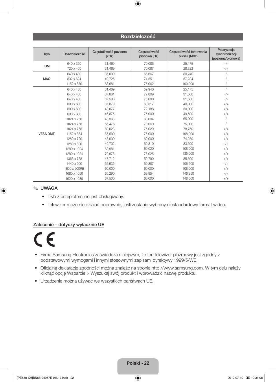 Rozdzielczość | Samsung PS51E550D1W User Manual | Page 66 / 374