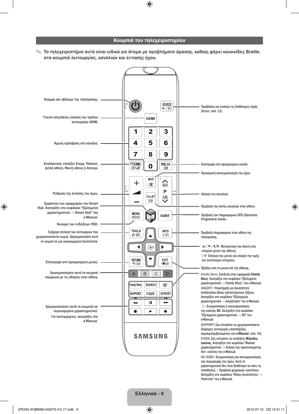 Κουμπιά του τηλεχειριστηρίου | Samsung PS51E550D1W User Manual | Page 72 / 374