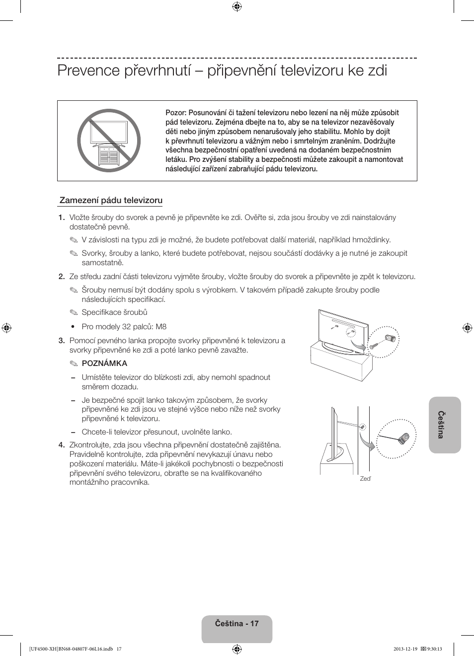Prevence převrhnutí – připevnění televizoru ke zdi | Samsung UE32F4500AW User Manual | Page 125 / 289