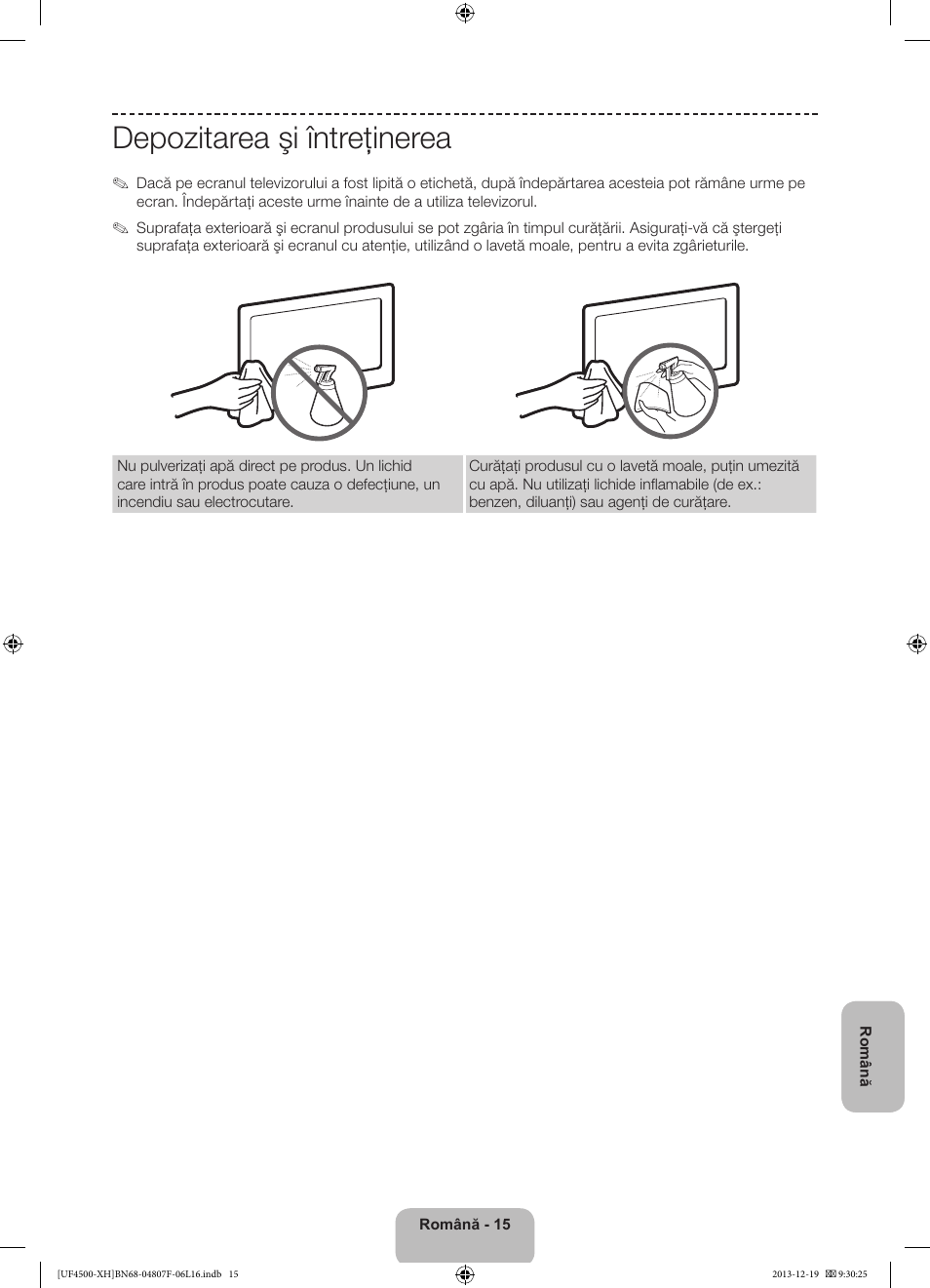 Depozitarea şi întreţinerea | Samsung UE32F4500AW User Manual | Page 159 / 289