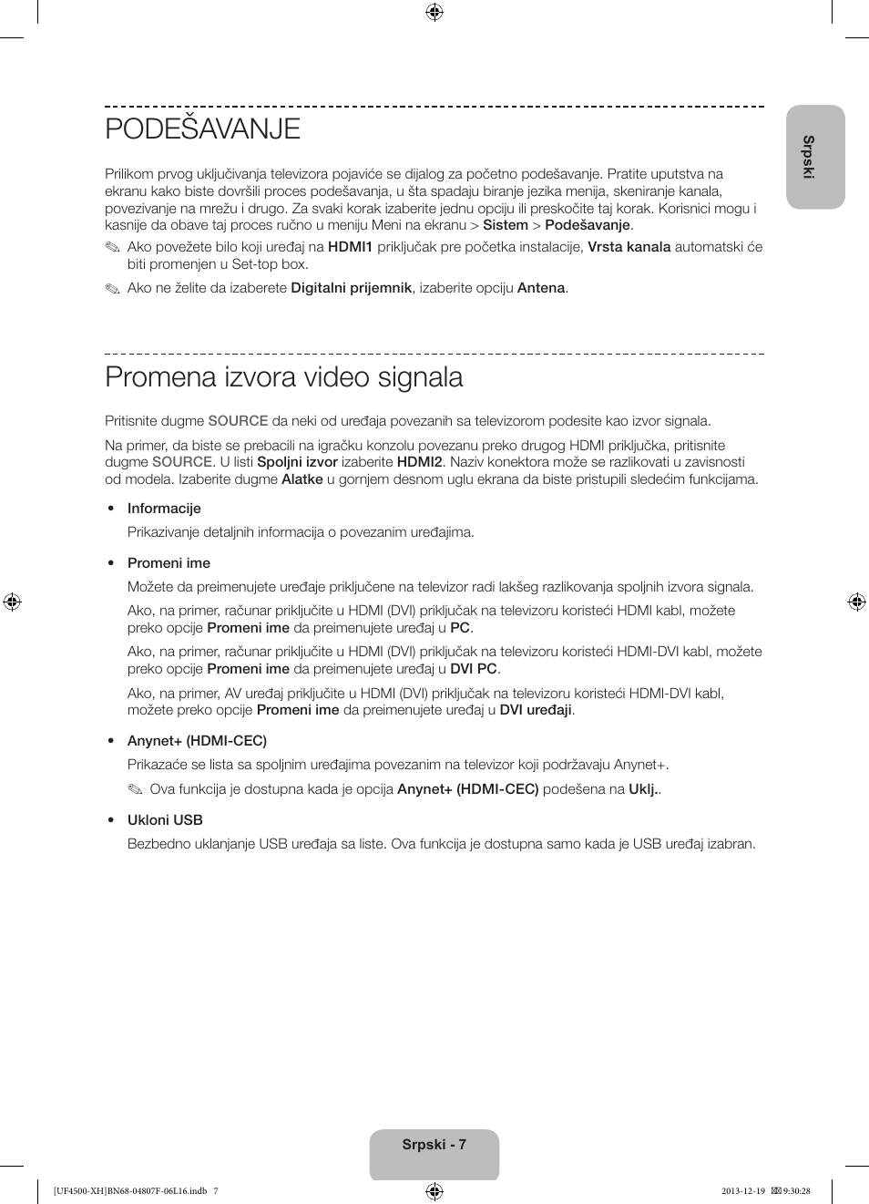 Podešavanje, Promena izvora video signala | Samsung UE32F4500AW User Manual | Page 169 / 289