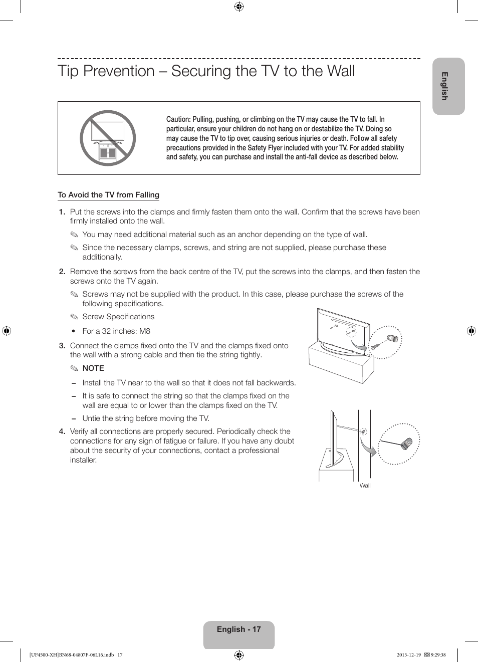 Tip prevention – securing the tv to the wall | Samsung UE32F4500AW User Manual | Page 17 / 289