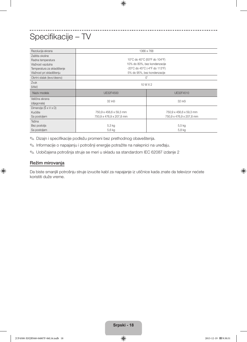 Specifikacije – tv | Samsung UE32F4500AW User Manual | Page 180 / 289