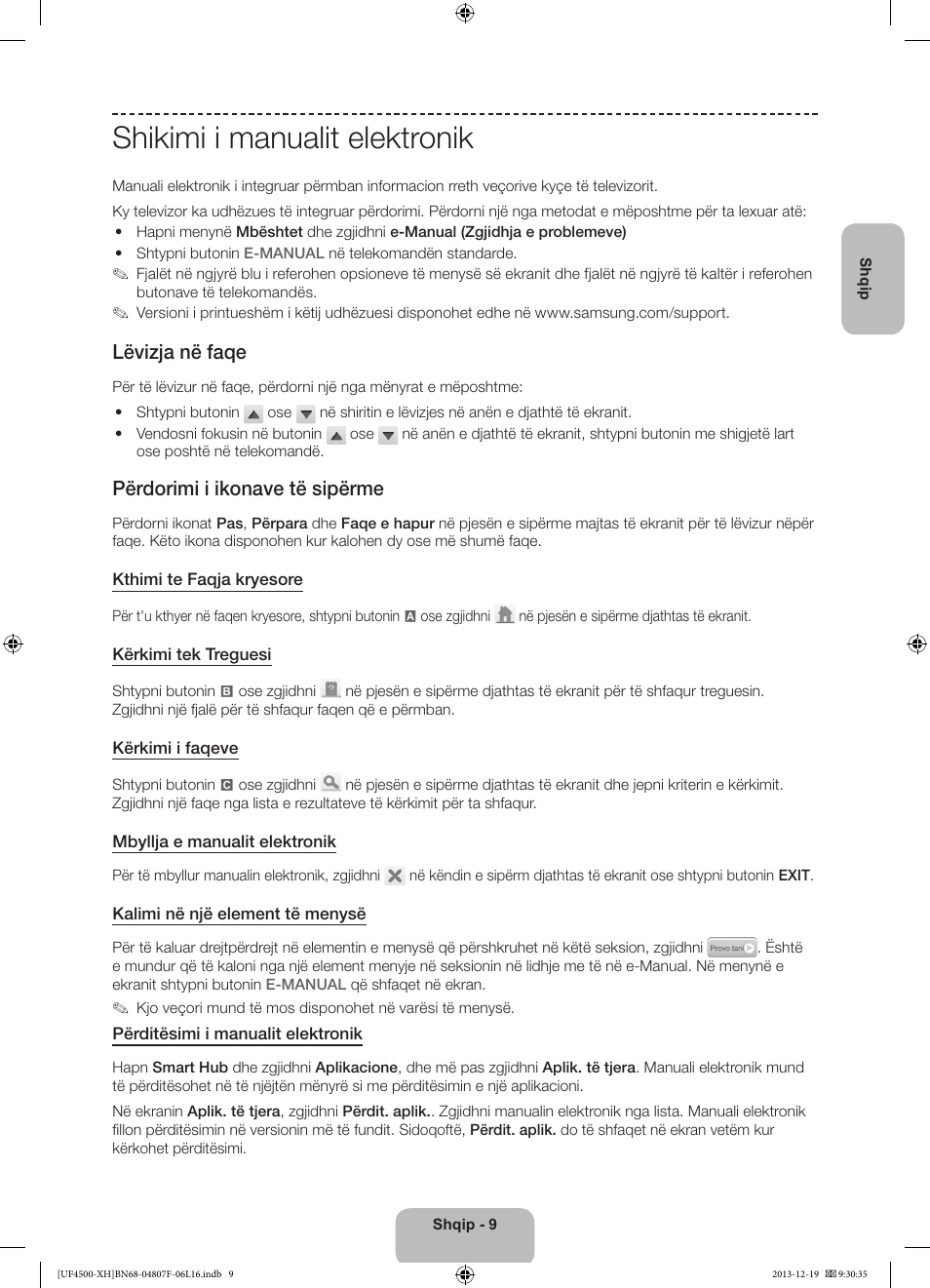 Shikimi i manualit elektronik, Lëvizja në faqe, Përdorimi i ikonave të sipërme | Samsung UE32F4500AW User Manual | Page 189 / 289