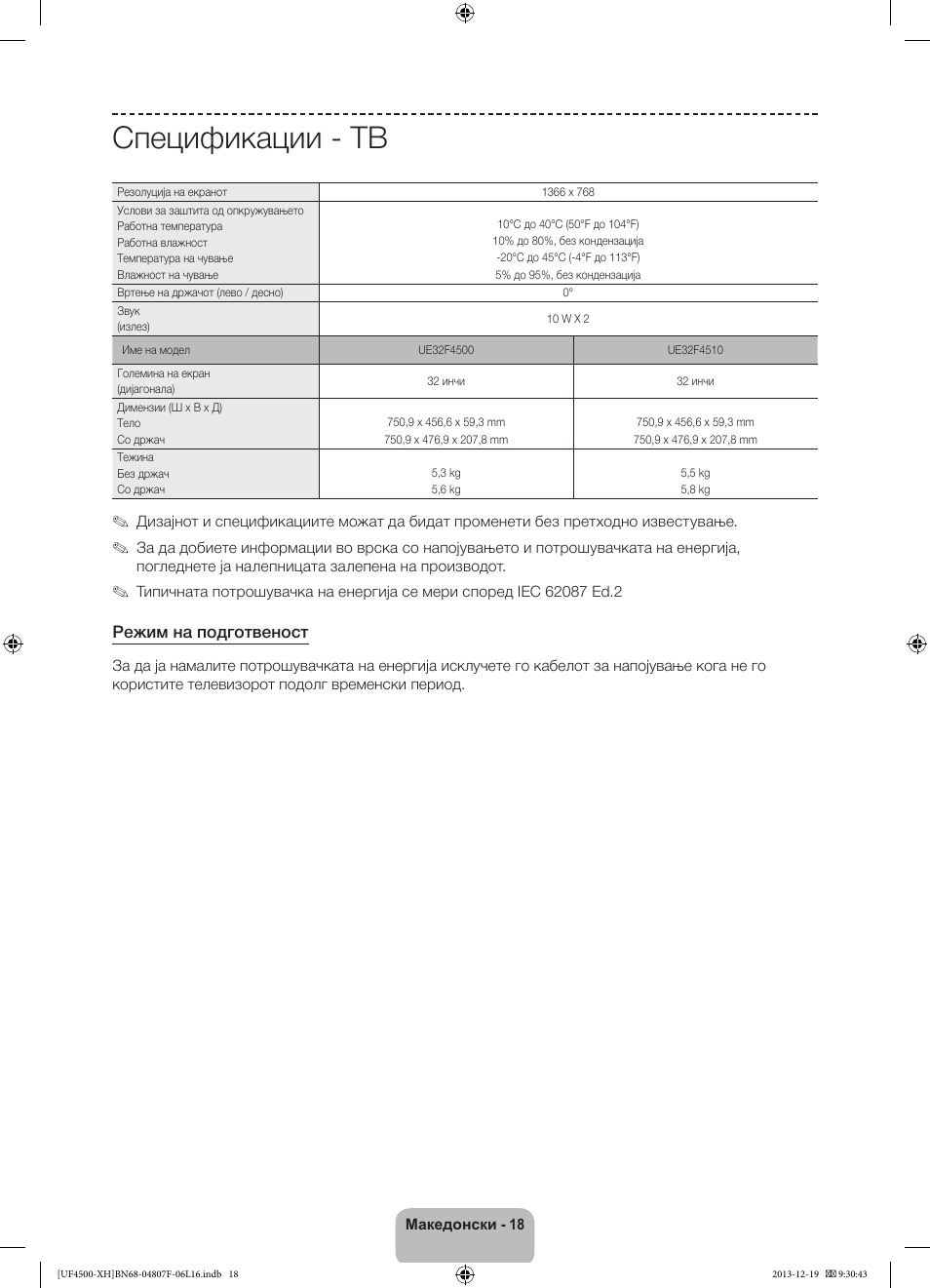 Спецификации - тв | Samsung UE32F4500AW User Manual | Page 216 / 289