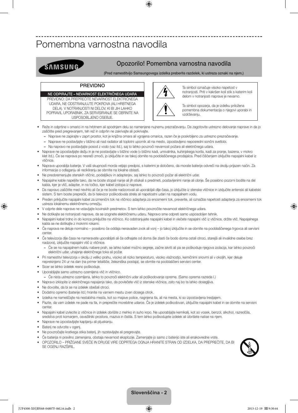 Pomembna varnostna navodila, Opozorilo! pomembna varnostna navodila | Samsung UE32F4500AW User Manual | Page 218 / 289