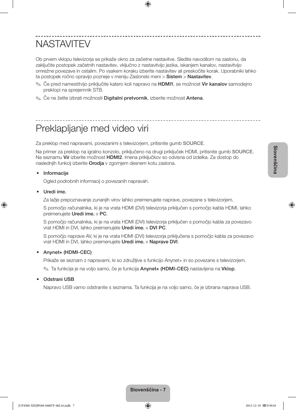 Nastavitev, Preklapljanje med video viri | Samsung UE32F4500AW User Manual | Page 223 / 289