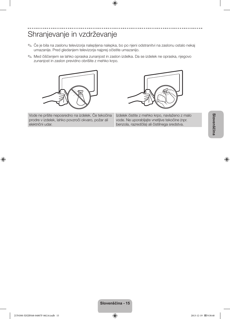 Shranjevanje in vzdrževanje | Samsung UE32F4500AW User Manual | Page 231 / 289