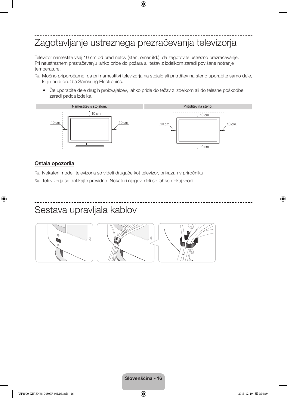 Zagotavljanje ustreznega prezračevanja televizorja, Sestava upravljala kablov | Samsung UE32F4500AW User Manual | Page 232 / 289
