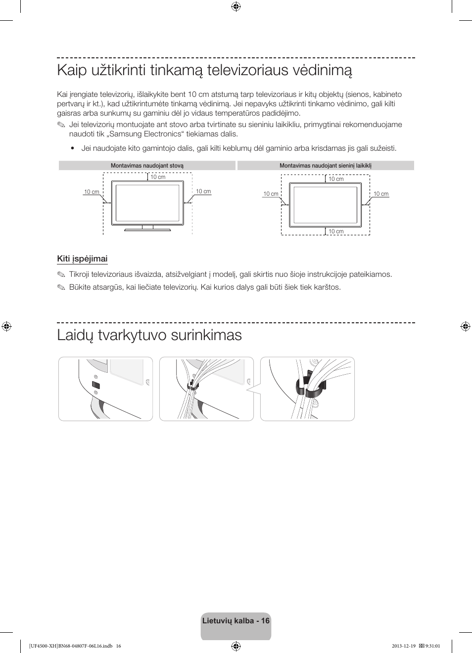 Kaip užtikrinti tinkamą televizoriaus vėdinimą, Laidų tvarkytuvo surinkimas | Samsung UE32F4500AW User Manual | Page 268 / 289