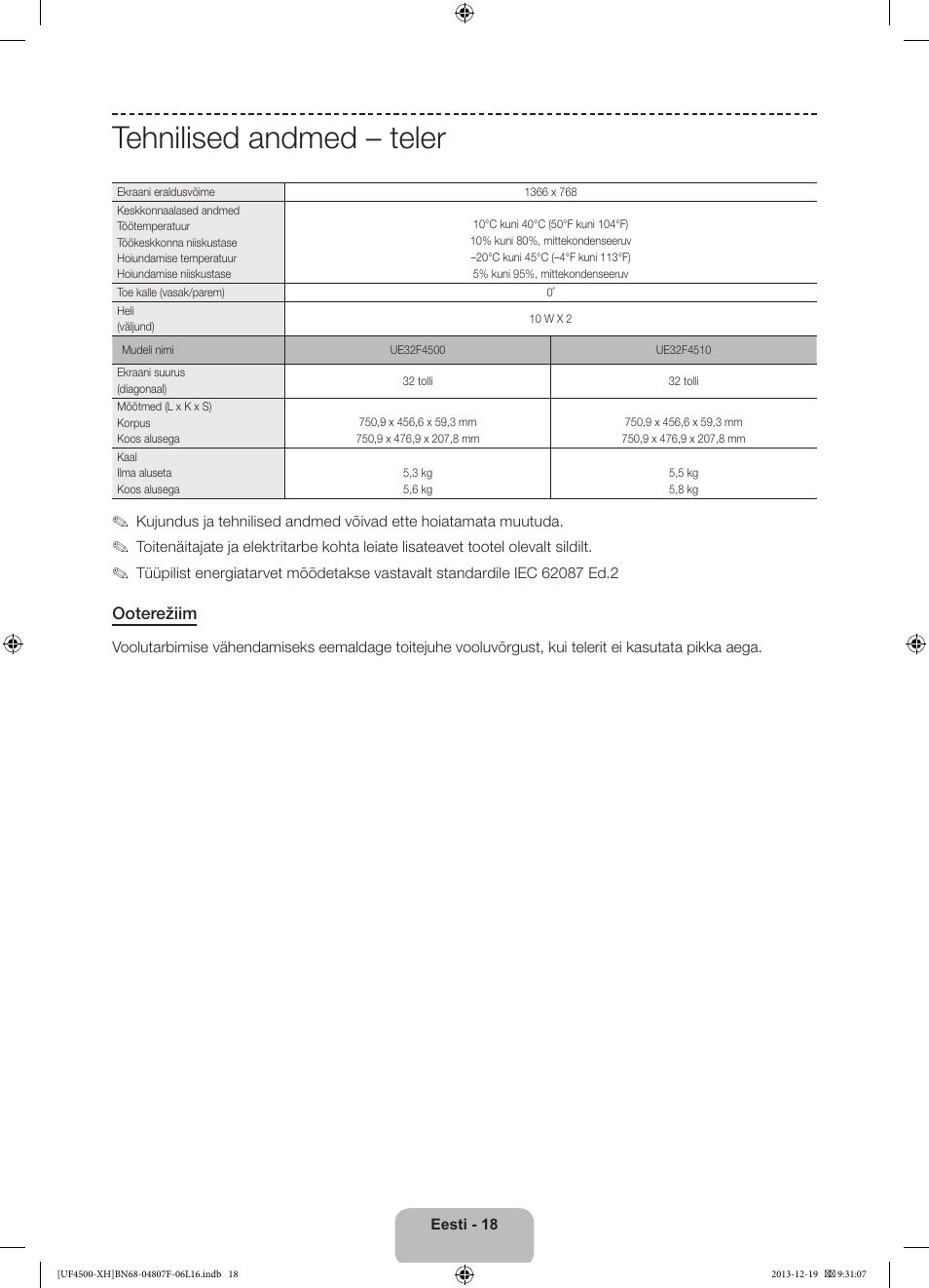 Tehnilised andmed – teler | Samsung UE32F4500AW User Manual | Page 288 / 289