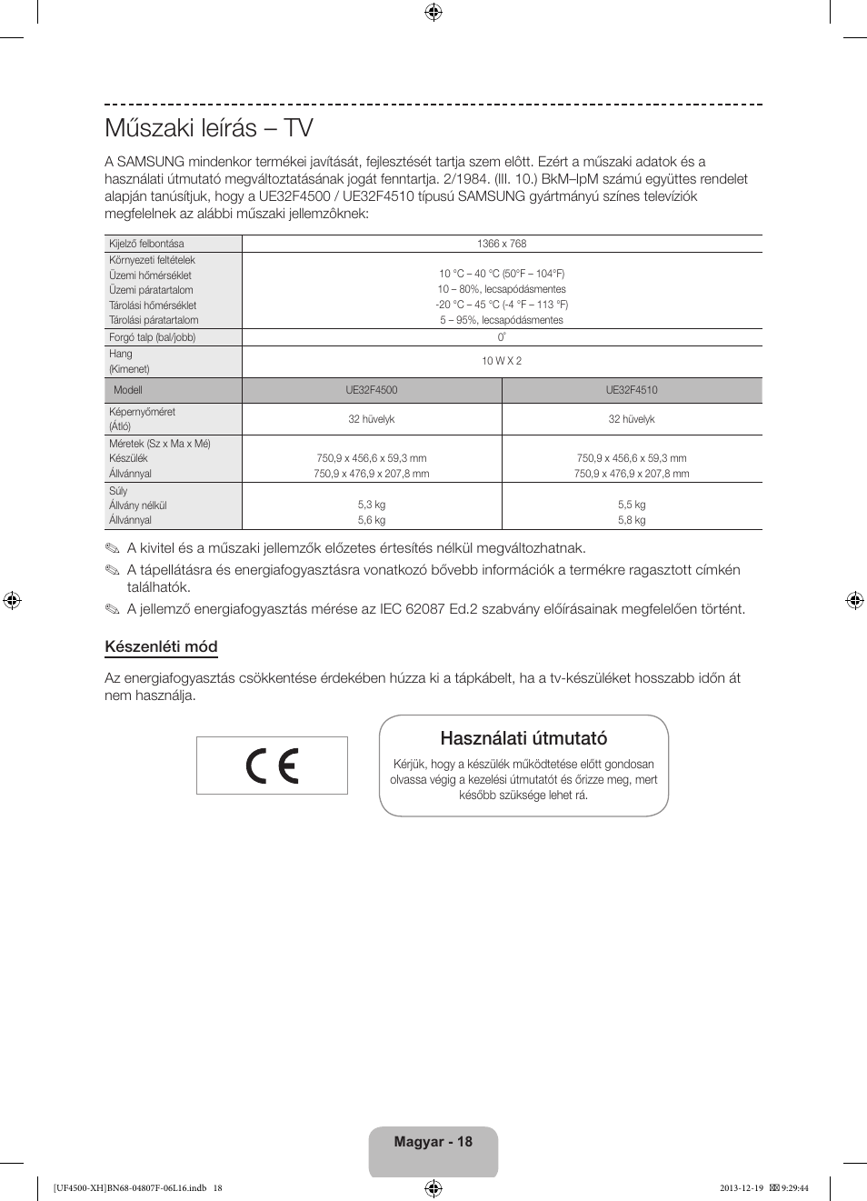 Műszaki leírás – tv, Használati útmutató | Samsung UE32F4500AW User Manual | Page 36 / 289
