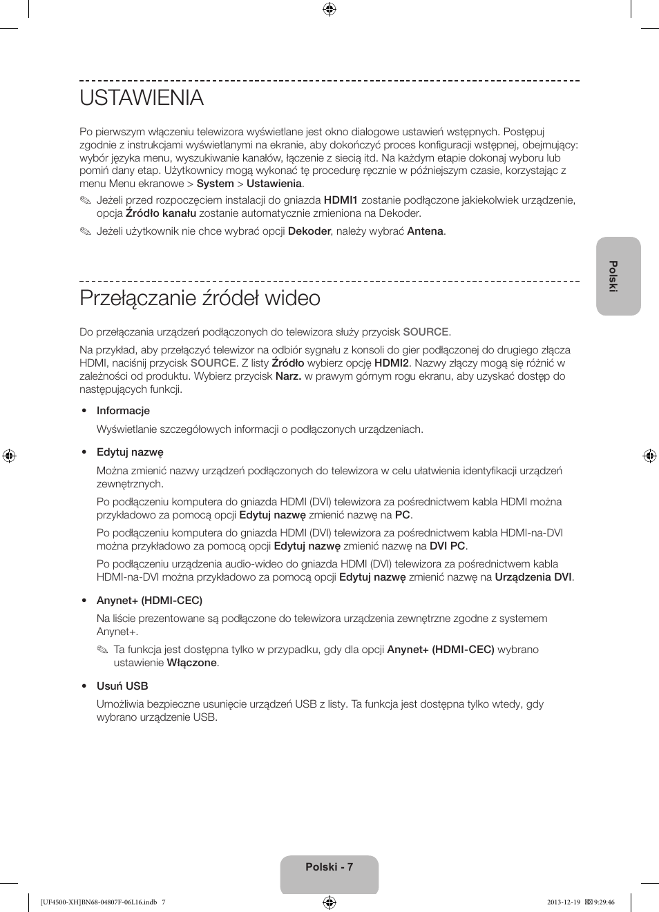 Ustawienia, Przełączanie źródeł wideo | Samsung UE32F4500AW User Manual | Page 43 / 289