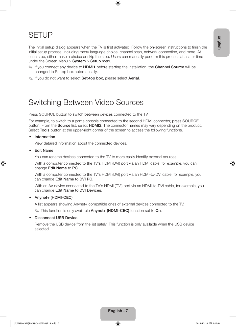 Setup, Switching between video sources | Samsung UE32F4500AW User Manual | Page 7 / 289