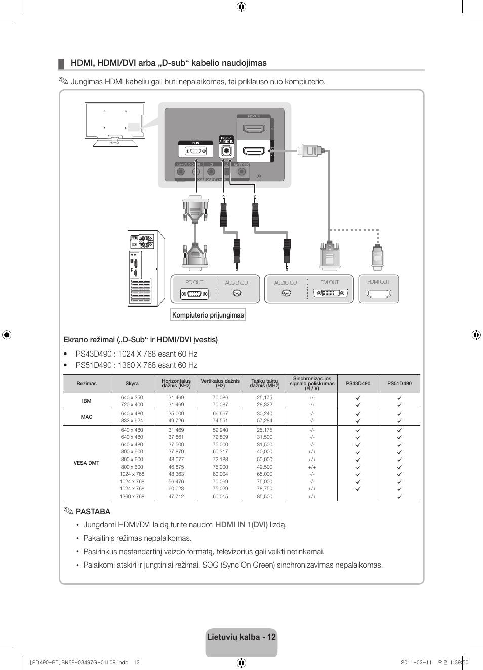 Hdmi, hdmi/dvi arba „d-sub“ kabelio naudojimas | Samsung PS43D490A1W User Manual | Page 104 / 166