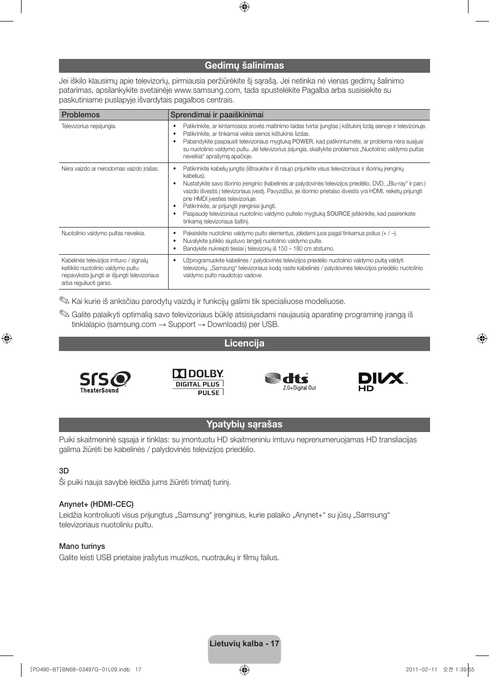 Gedimų šalinimas, Licencija ypatybių sąrašas | Samsung PS43D490A1W User Manual | Page 109 / 166