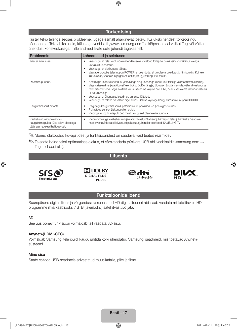 Tõrkeotsing, Litsents funktsioonide loend | Samsung PS43D490A1W User Manual | Page 127 / 166